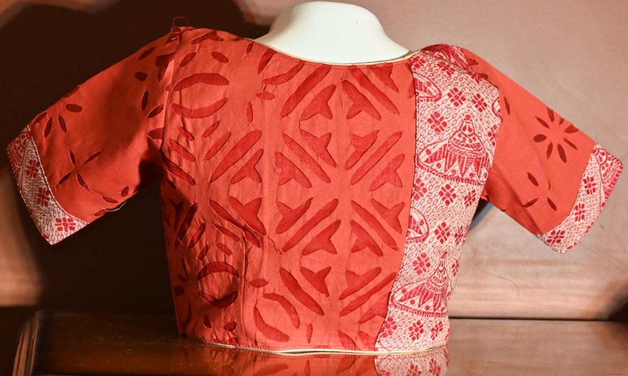 ASSAMESE JAPI DESIGNED BLOUSE FUSED WITH APPLIQUE/CUT WORK FABRIC OF RAJASTHAN-